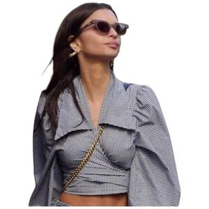 Maison Cleo Blouse XS Black gingham Julie Wrap Tied Back Crop Top Longsleeve 34